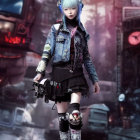 Elaborately dressed female android on futuristic street