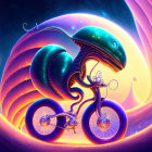 Colorful anthropomorphic chameleon on bicycle in cosmic scene