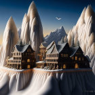 Snow-covered mountain landscape with fairy-tale houses and flying bird