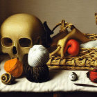 Still life painting with human skull, knitting needles, and yarn balls