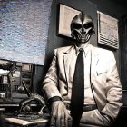 Person in Suit with Science Fiction Mask at Vintage Office Desk