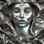 Detailed digital artwork featuring woman with metallic skin and crystal-like structures.