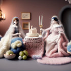 Figurines in dreamy setting with candelabras, resembling fantasy queens in cozy cave