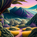 Surreal landscape with stylized trees, undulating hills, and colorful sky at dusk