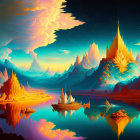 Surreal alien landscape with fiery orange foliage, reflective water, majestic mountains, swirling sky.
