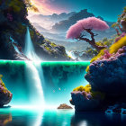 Fantasy landscape with waterfall, cherry blossom tree, and ethereal light