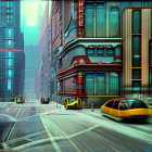 Desolate city street with retro-futuristic cars and old buildings under overcast sky