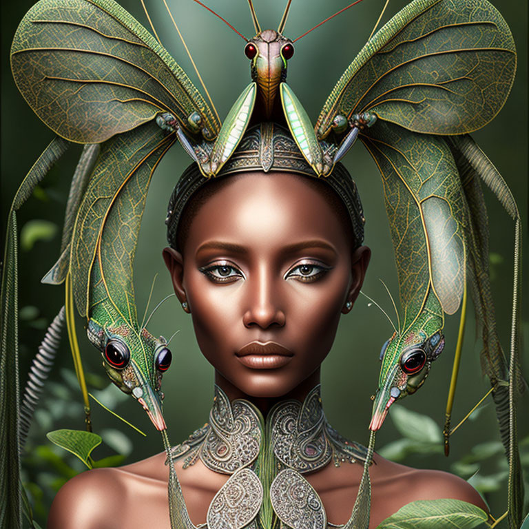 Digital artwork featuring woman with dragonfly headdress on green backdrop