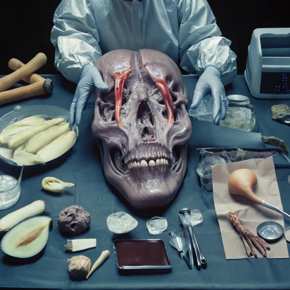 Medical professional dissects skull with bananas, rocks, and bones on table