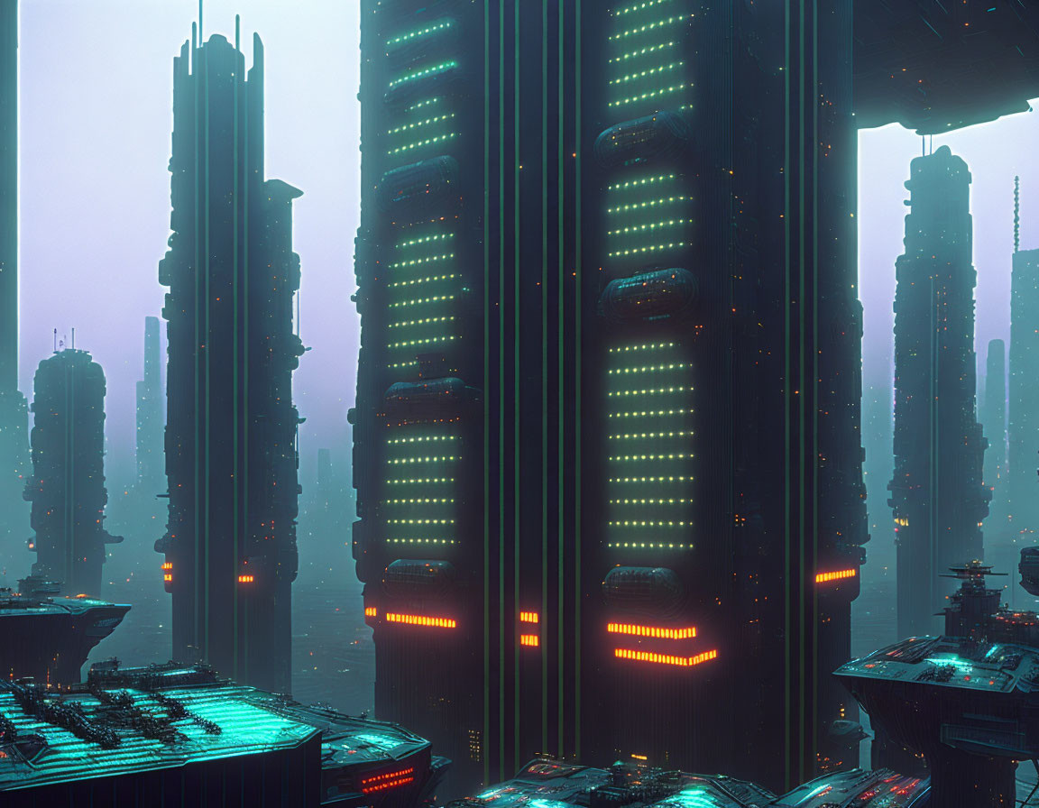 Futuristic cityscape with skyscrapers, neon lights, and flying vehicles in a hazy