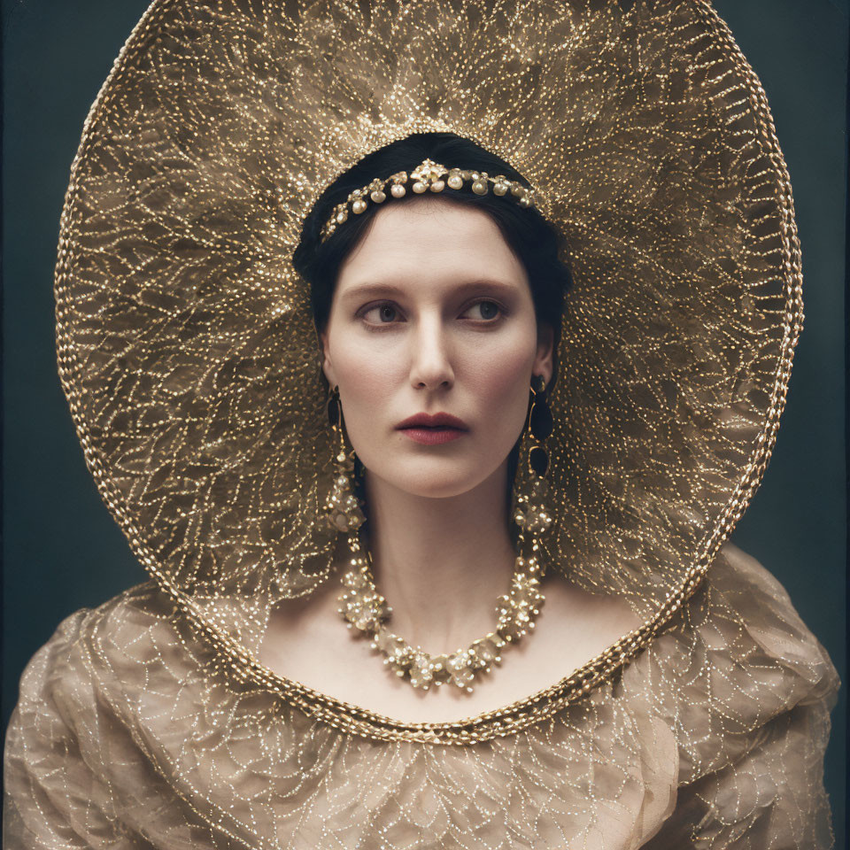 Woman in Golden Headdress and Pearls on Dark Background
