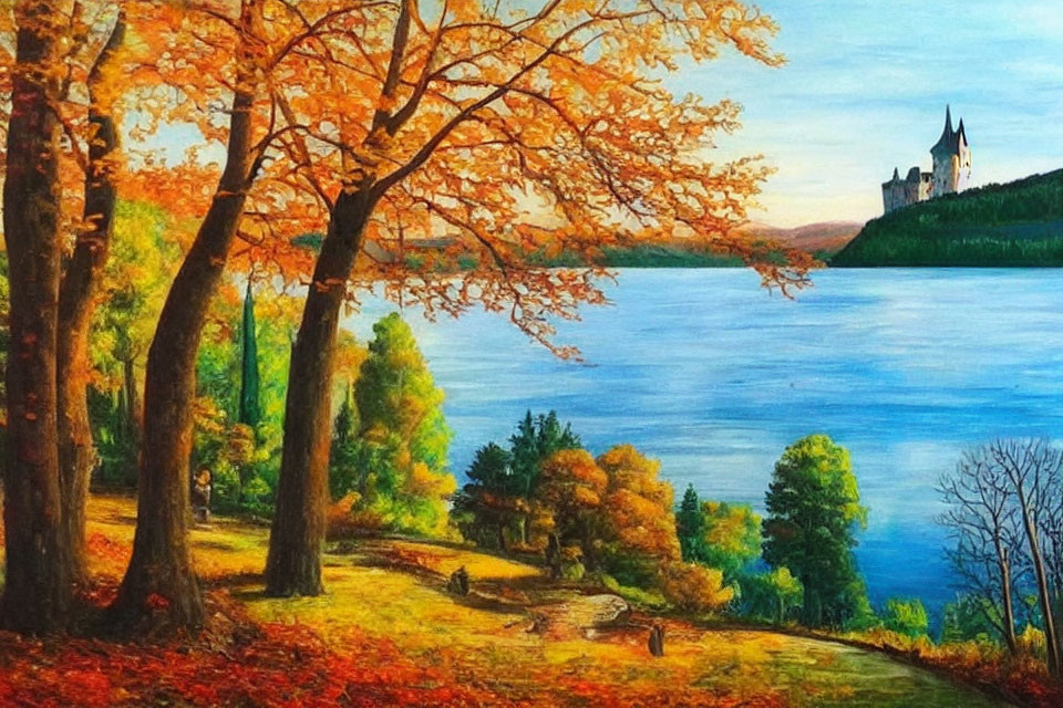 Colorful Autumn Landscape: Castle by Lake with Vibrant Trees