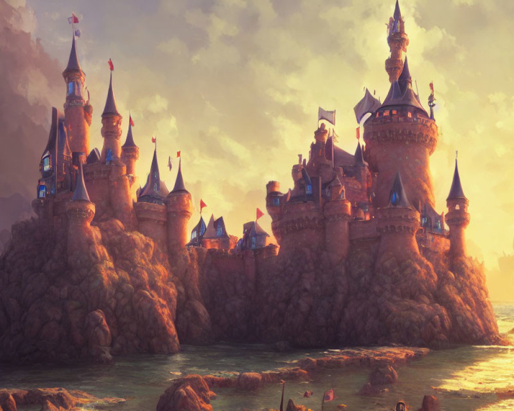 Majestic fantasy castle on rocky cliffs at sunset by the sea