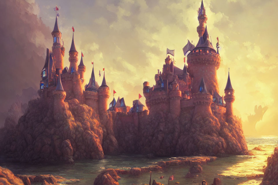 Majestic fantasy castle on rocky cliffs at sunset by the sea