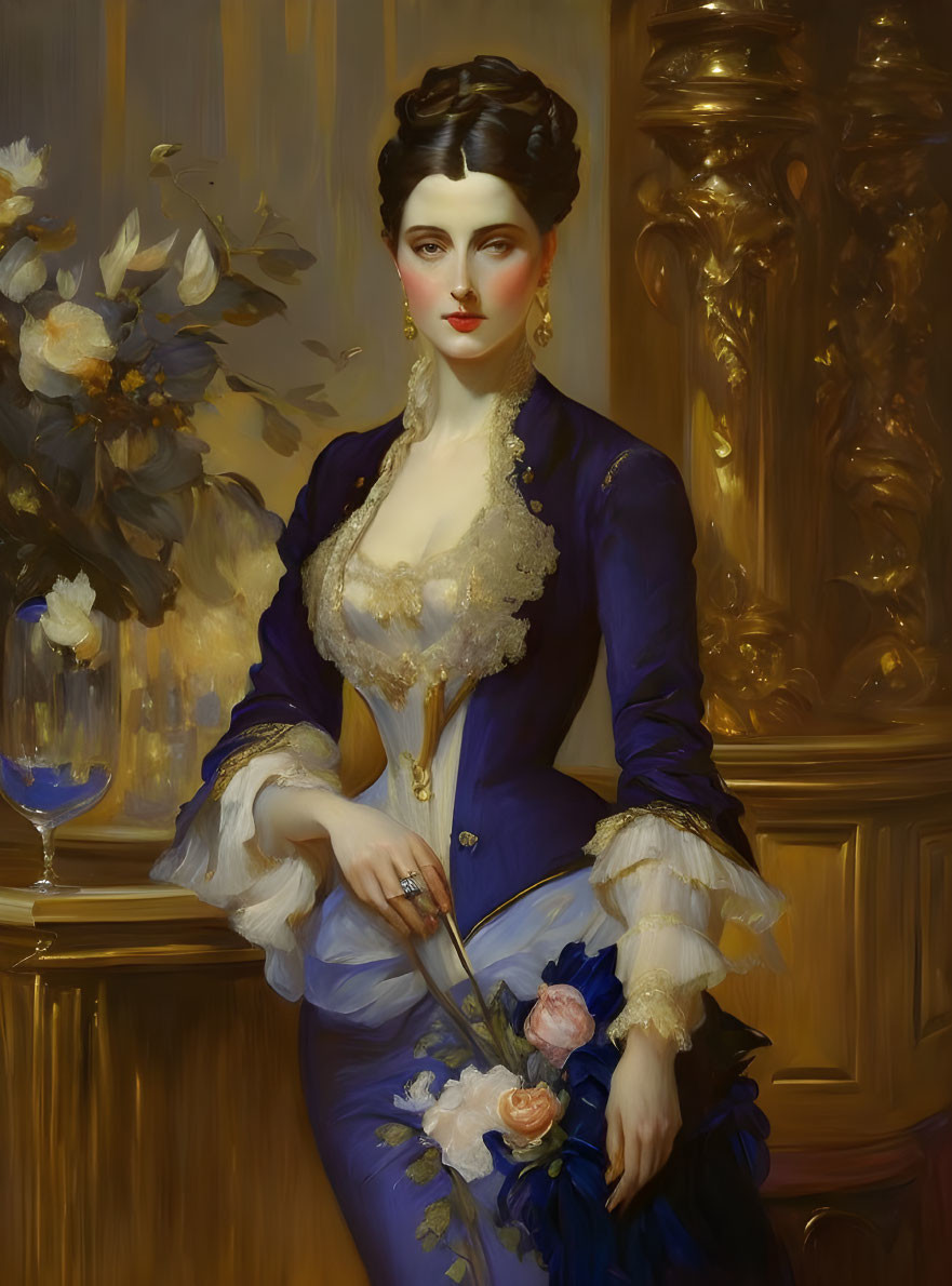 Elegant woman in purple lace dress with flower in classical oil painting style