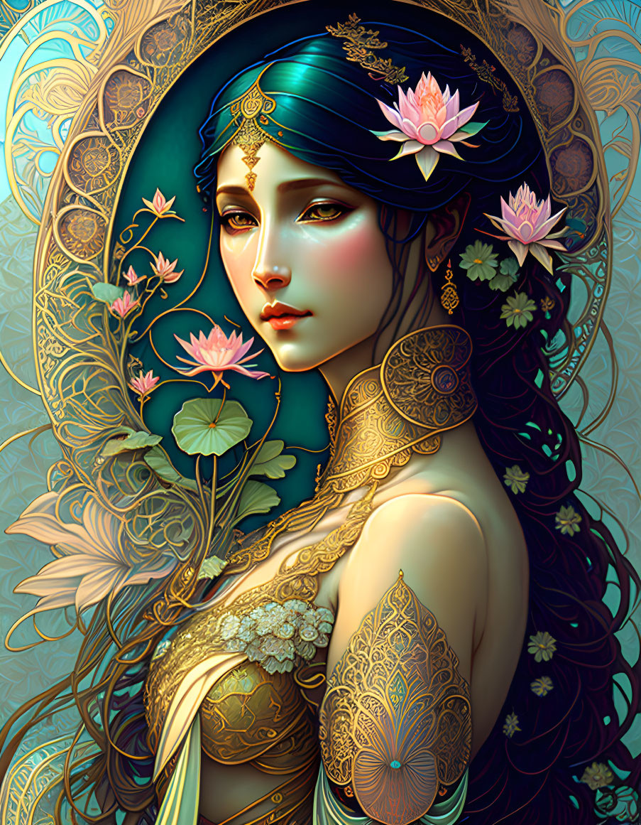 Illustration of woman with blue hair and lotus flowers in ornate halo