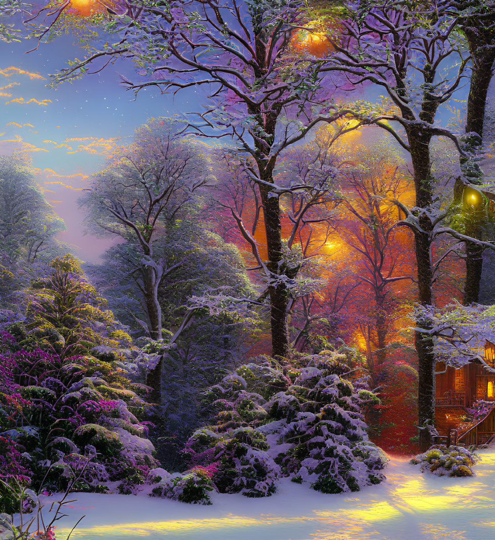Snow-covered trees, glowing lights, and cozy cabin in serene winter scene
