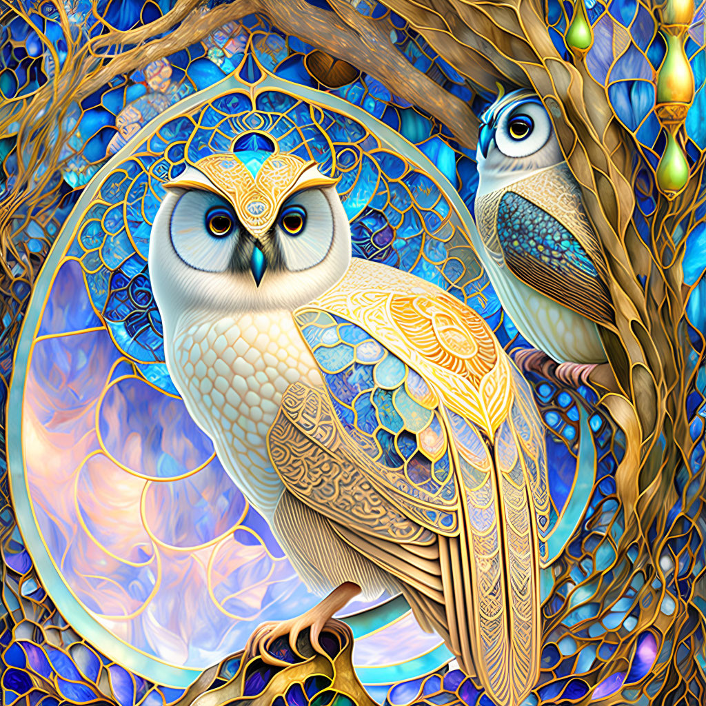 Colorful digital artwork: Two stylized owls with intricate patterns and rich textures on ornate backdrop