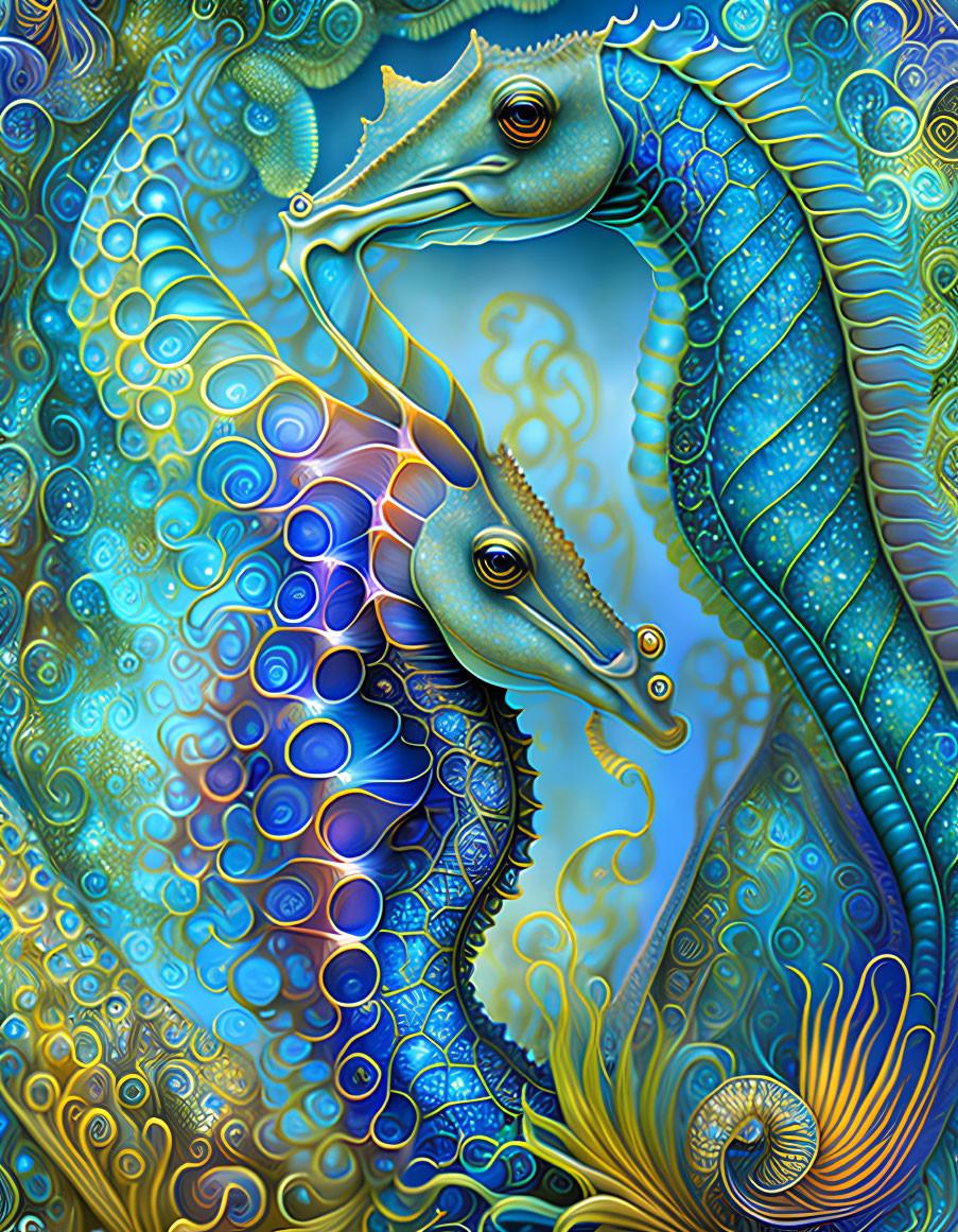 Colorful digital artwork: Two seahorses in intricate patterns and blue palette, surrounded by bubbles and