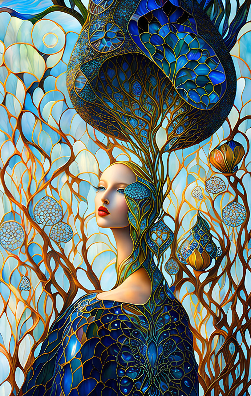 Surreal artwork: Woman with peacock features in intricate, organic setting