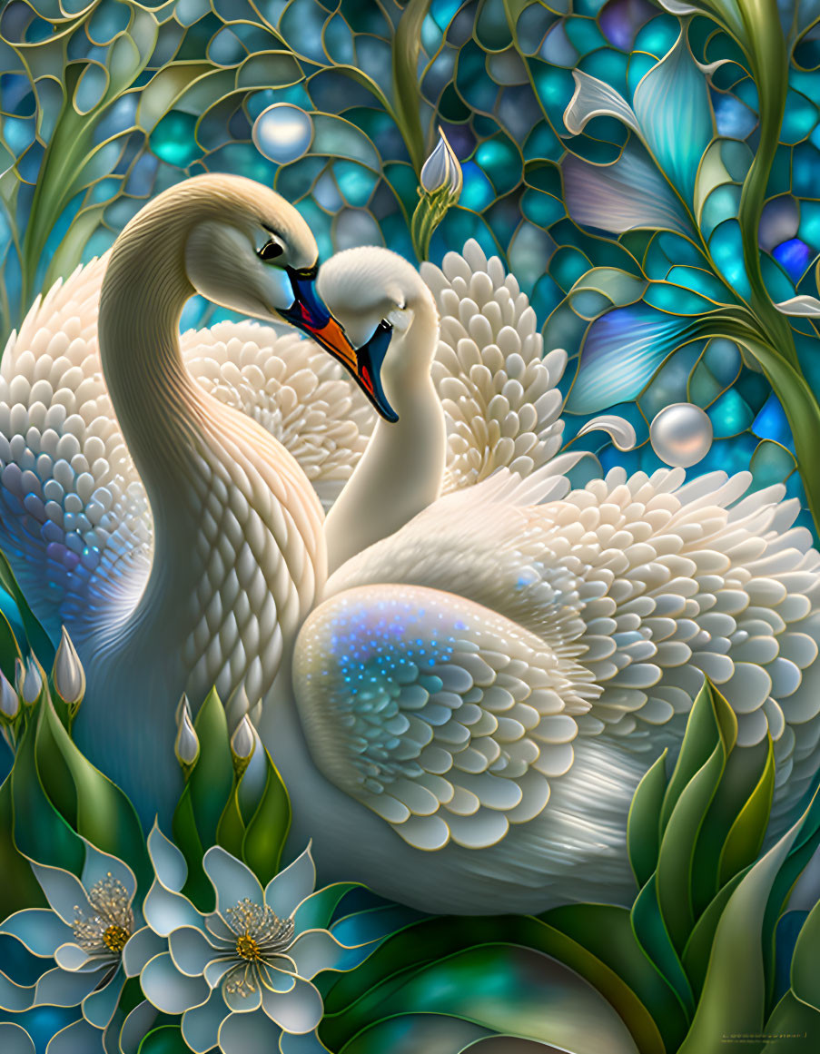 Stylized swans intertwined in blue foliage and white flowers