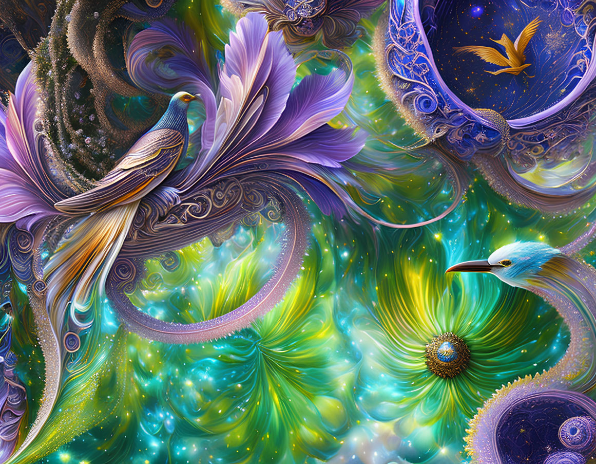 Colorful bird digital art on swirling fractal background