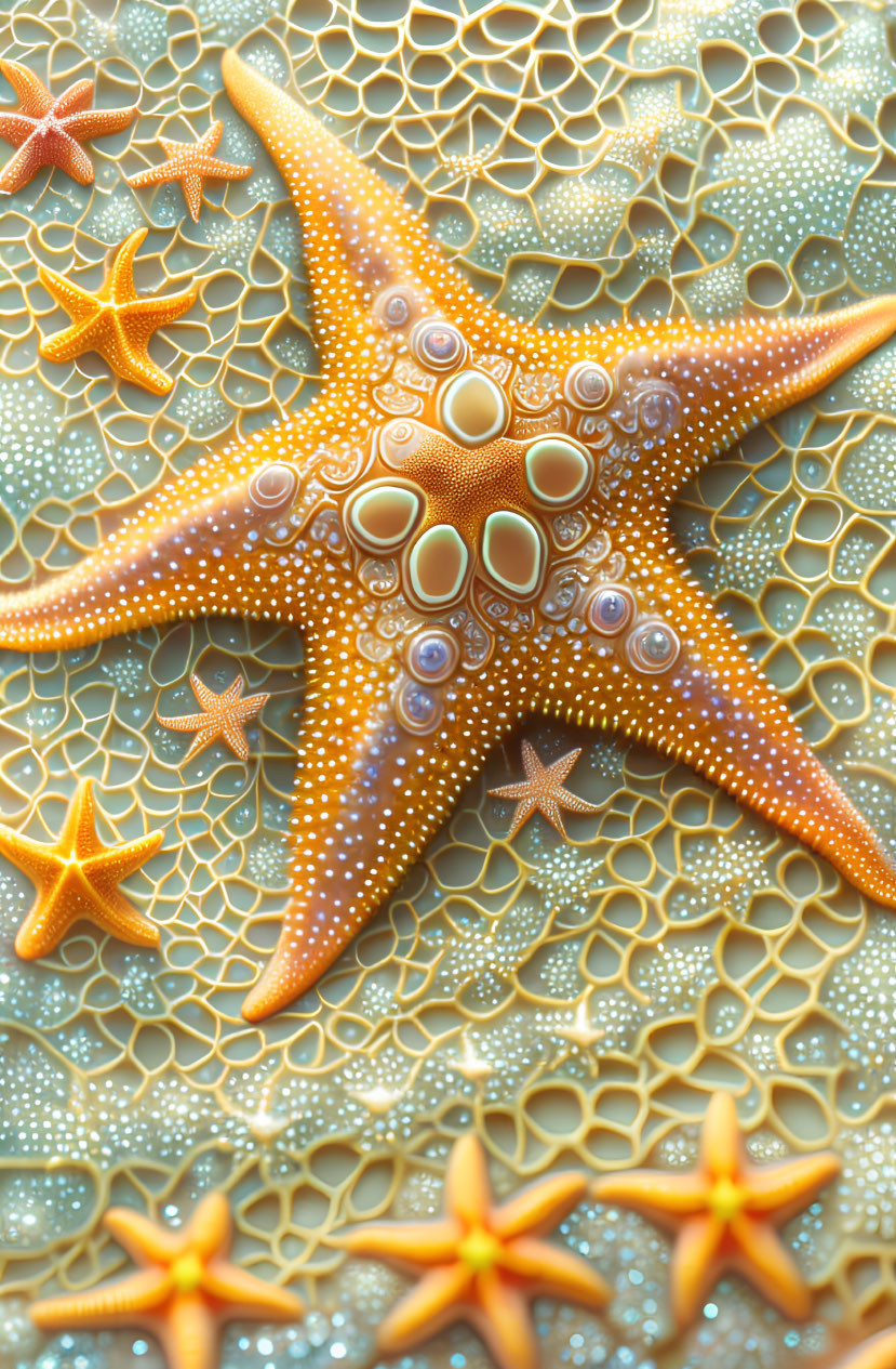 Detailed view of orange starfish with intricate patterns among smaller starfish on textured aquatic backdrop