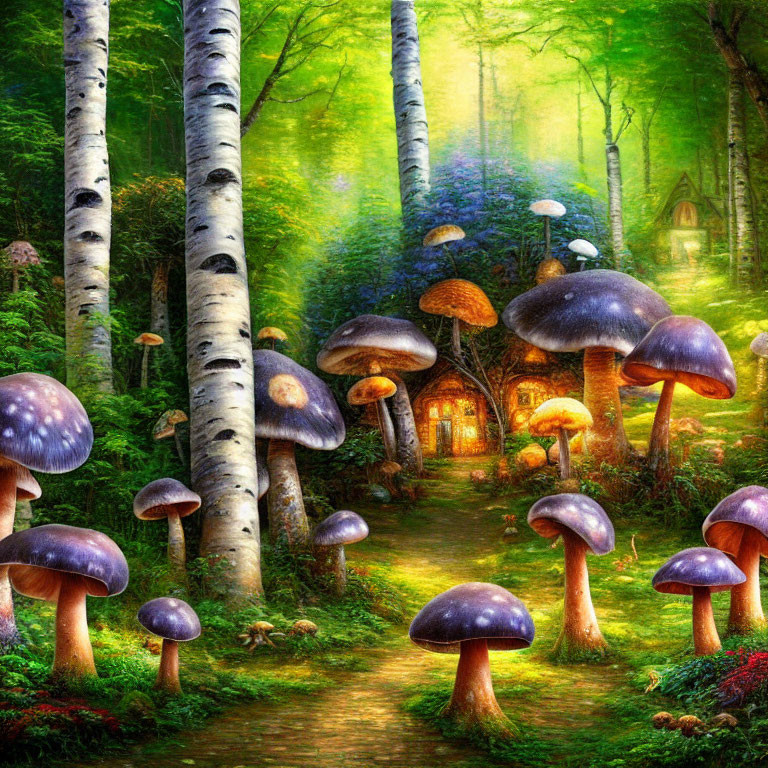 Enchanted forest with oversized mushrooms, birch trees, and cozy treehouse