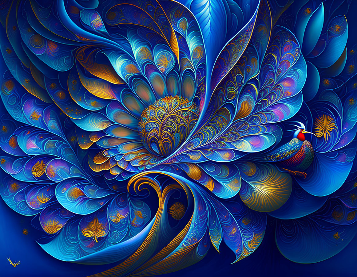 Colorful digital artwork: Peacock-inspired design in blue, gold, and turquoise
