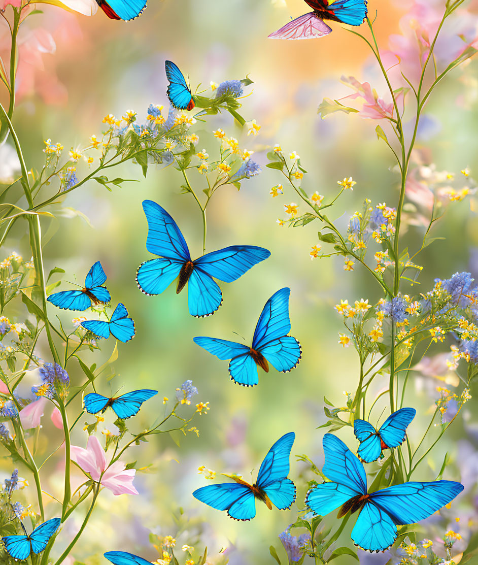 Colorful Blue Butterflies Among Pink Flowers and Greenery in Soft Bokeh Light