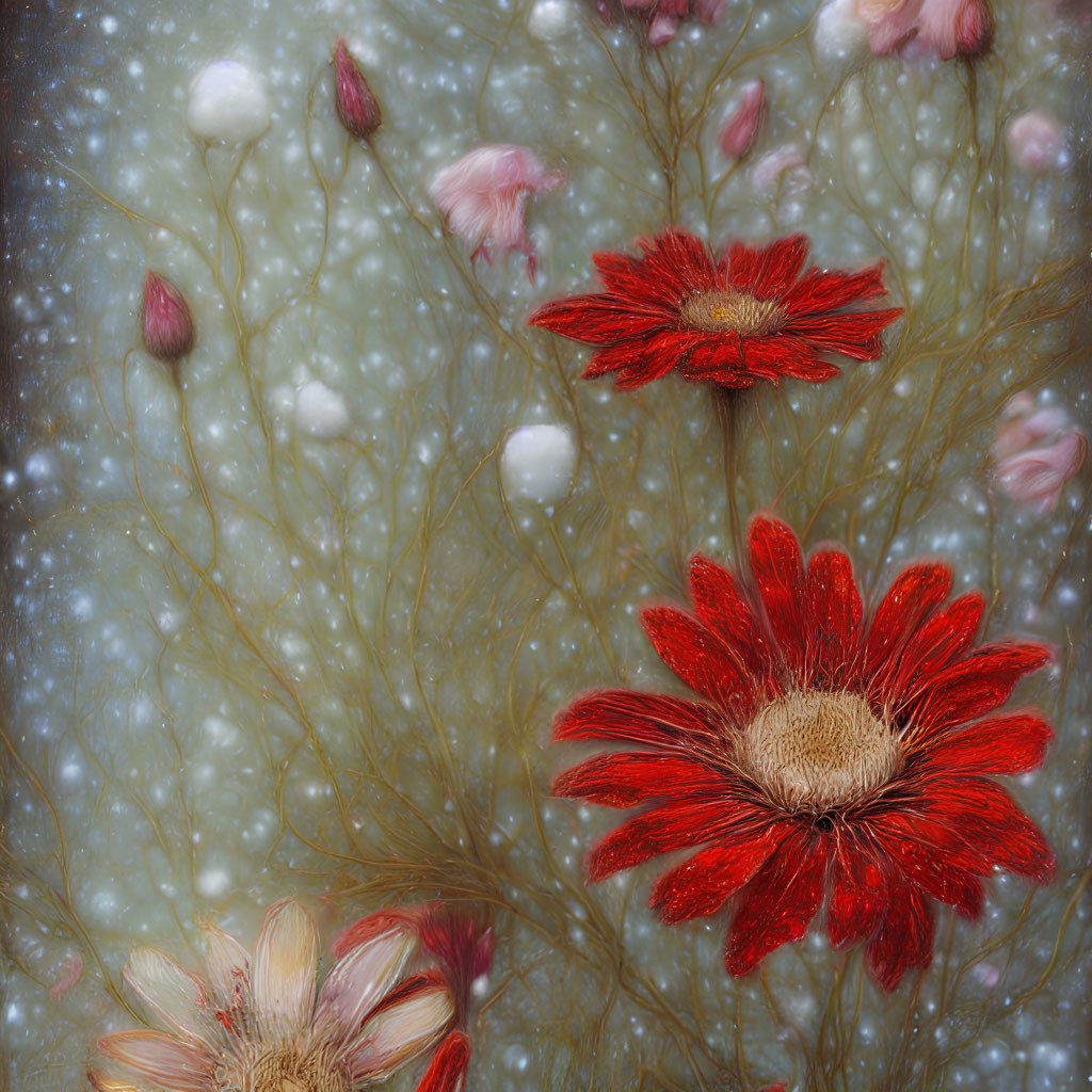Red and Beige Floral Scene with Abstract White Forms and Golden Tendrils