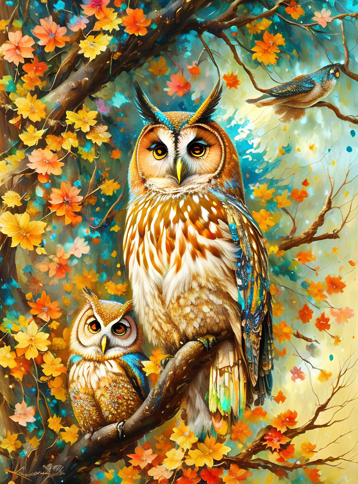 Colorful Owls and Luminous Bird in Magical Forest Scene