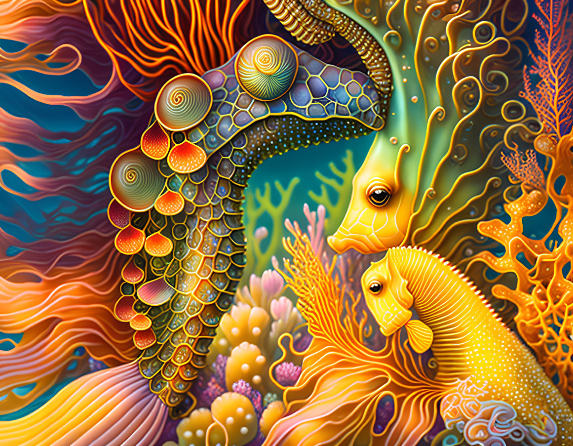 Colorful Stylized Seahorses in Vibrant Underwater Coral Reef