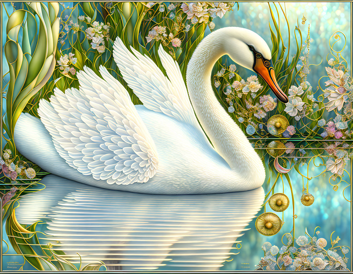 Graceful Swan in Tranquil Blue Lake with Golden Baubles