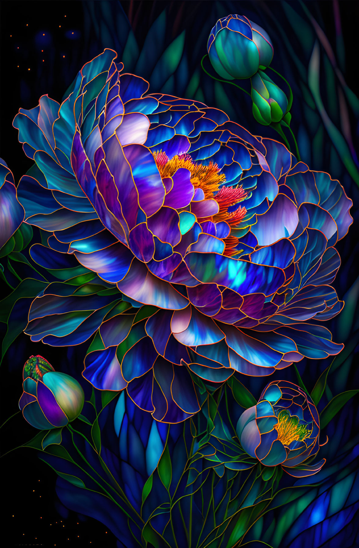 Luminescent Peony Digital Art with Swirling Blue and Purple Petals