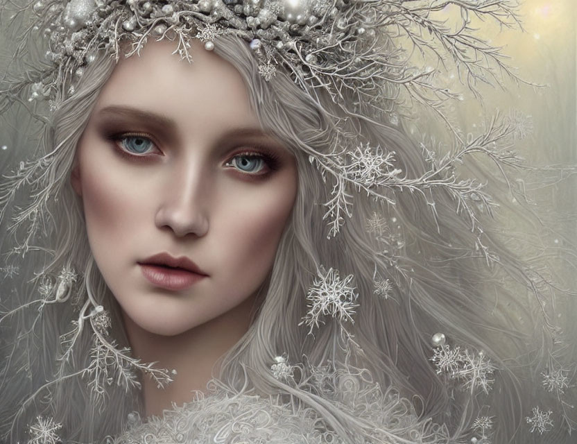 Portrait of woman with pale skin and blue eyes wearing snowy floral crown and snowflake hair decorations
