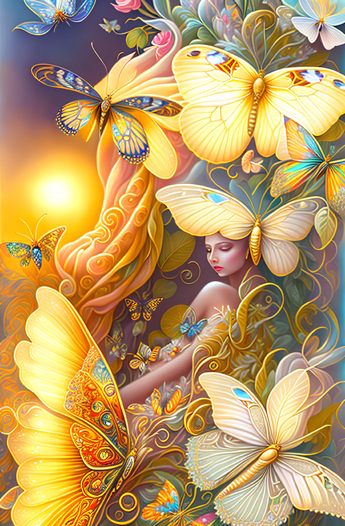 Colorful Butterfly Artwork Featuring Woman in Surreal Setting