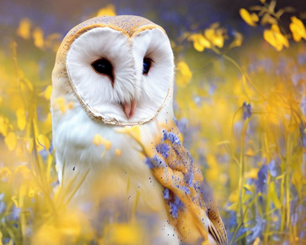 Barn owl perched in yellow flower field with heart-shaped face