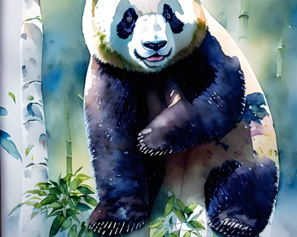 Watercolor illustration of a panda hugging bamboo in lush foliage