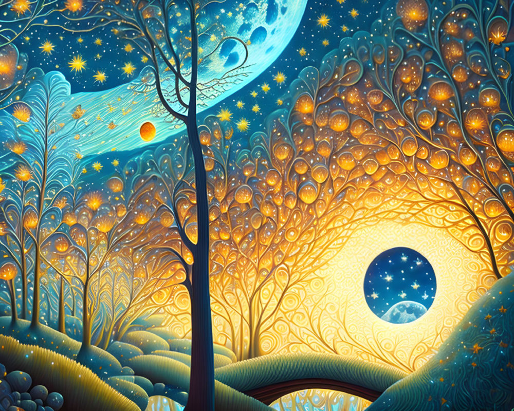 Stylized trees under star-filled sky with crescent moon in blue and golden palette