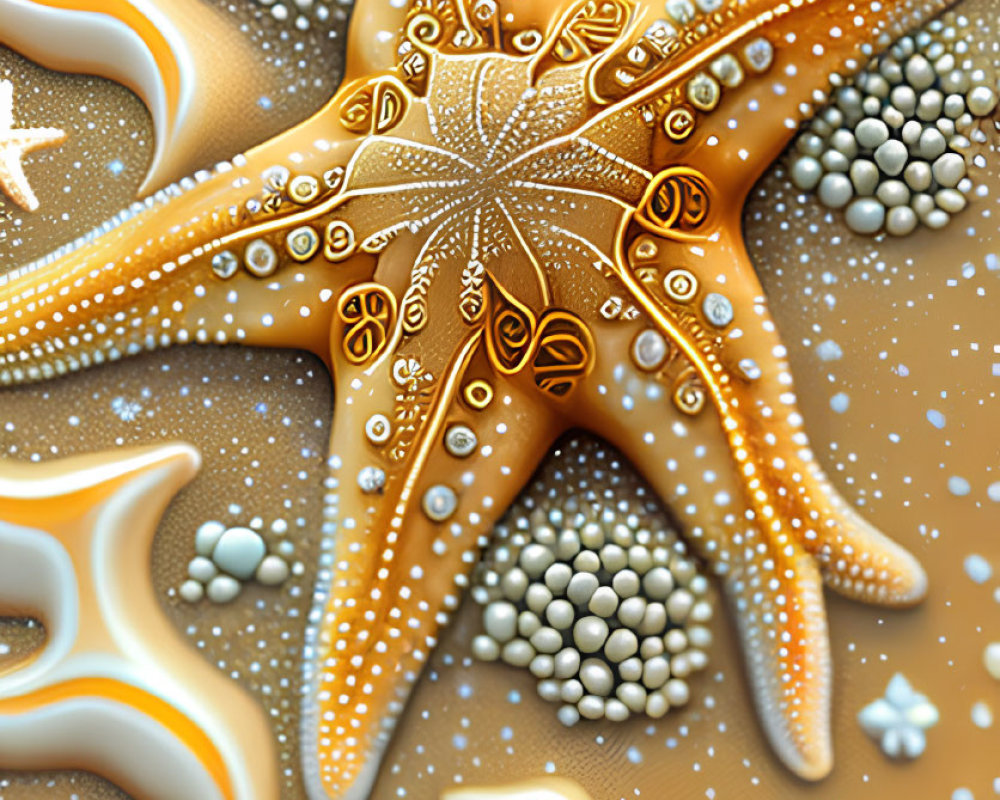 Detailed Starfish Illustration on Sandy Background with Pebble-Like Textures