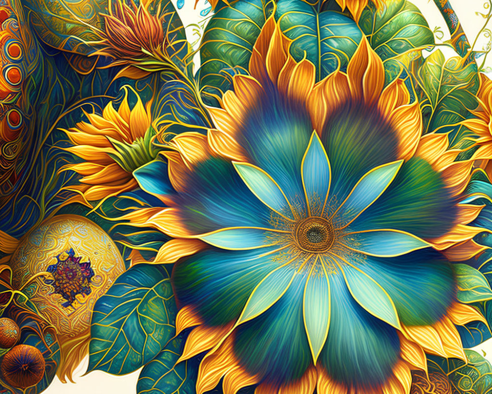 Detailed illustration of stylized sunflowers and peacock feathers in rich blues, greens, and golds