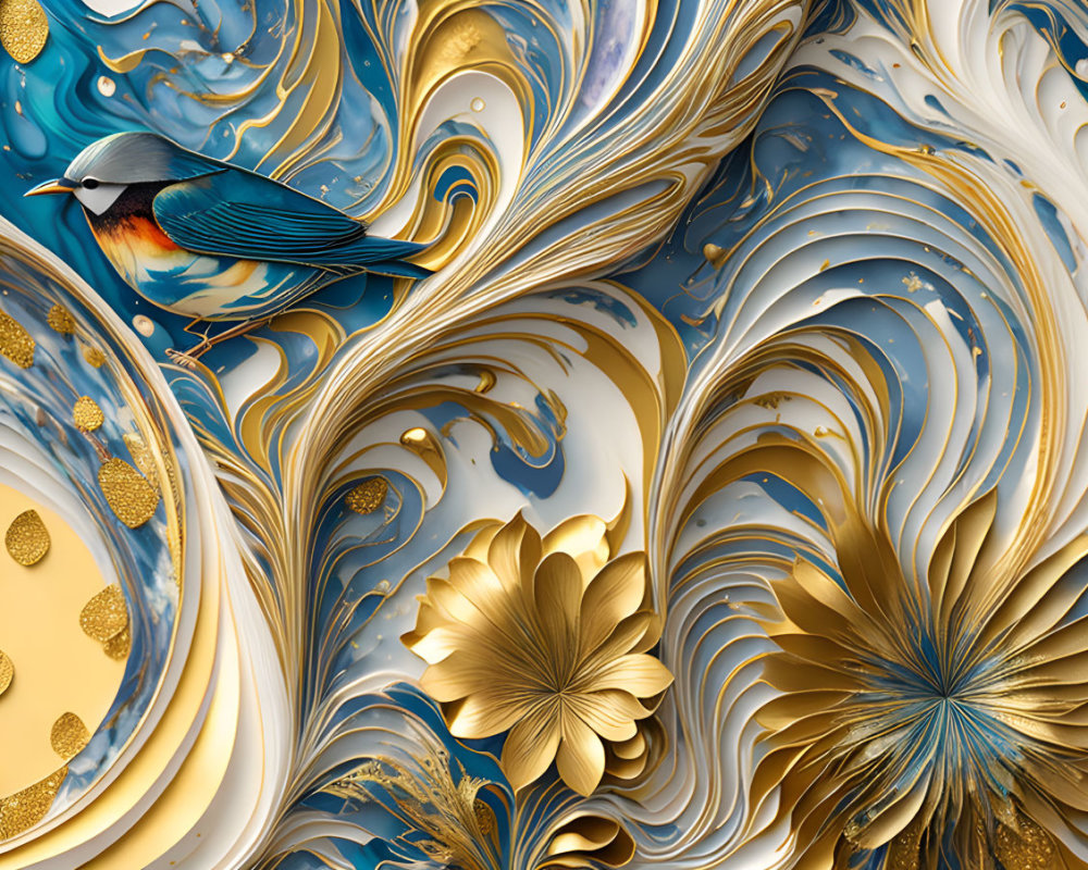 Colorful digital artwork: Bird on gold and blue swirls with golden flowers