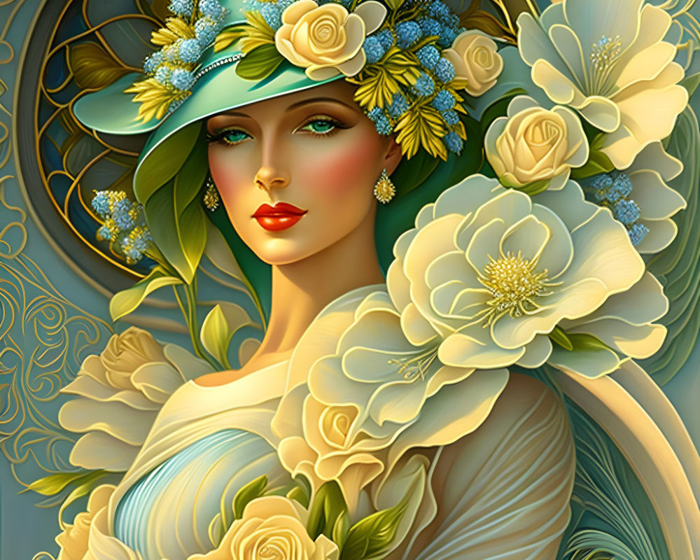 Illustrated Woman in Art Nouveau Style with Floral Hat and Dress in Pastel Colors
