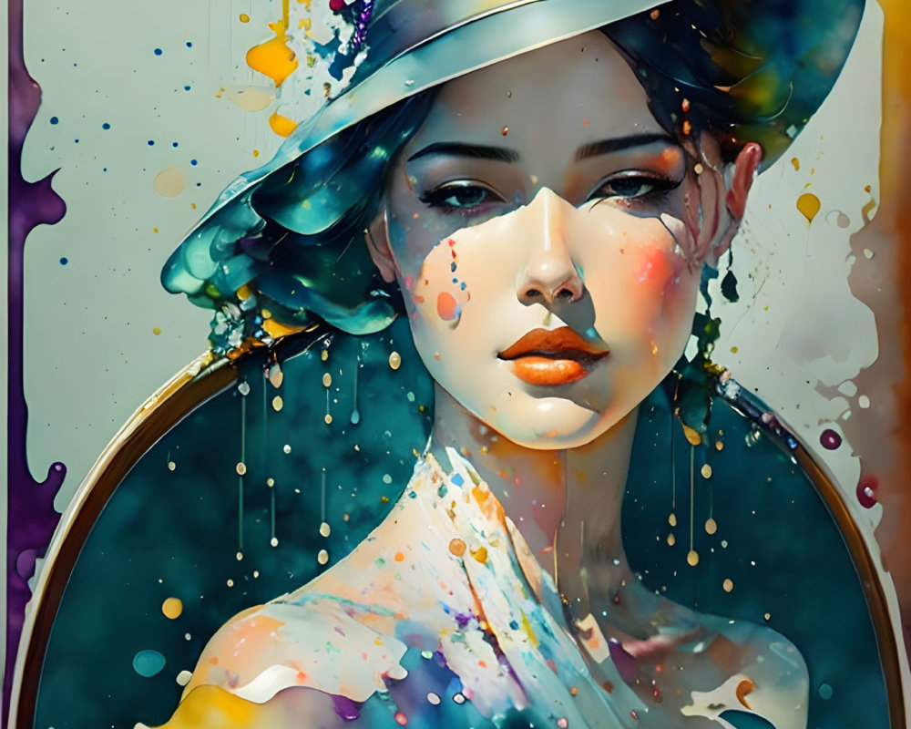 Colorful Portrait of Woman with Hat and Paint Splashes