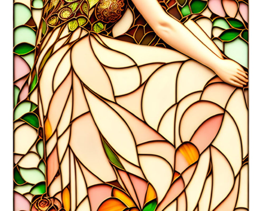 Elegant woman in stained glass with floral patterns