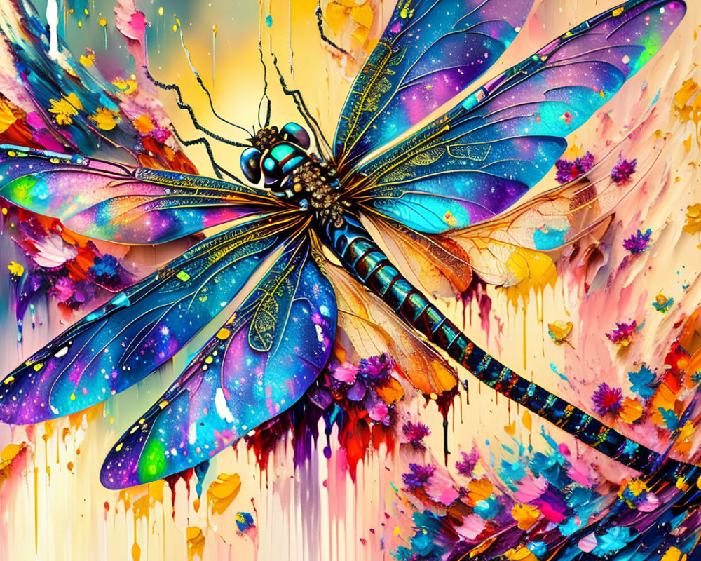 Colorful butterfly digital art with iridescent wings on paint-splattered backdrop
