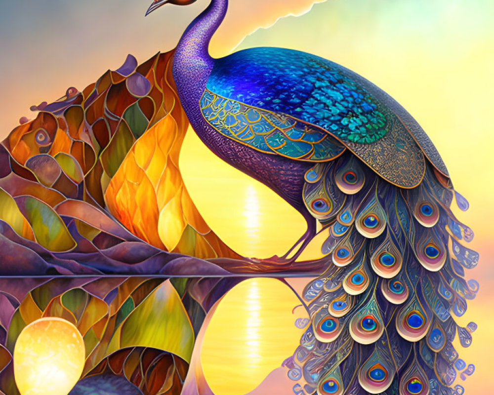 Colorful Peacock Illustration on Twisting Tree Branch in Surreal Landscape