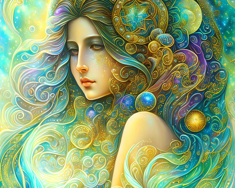Detailed illustration: Woman with celestial hair in swirling gold and turquoise backdrop