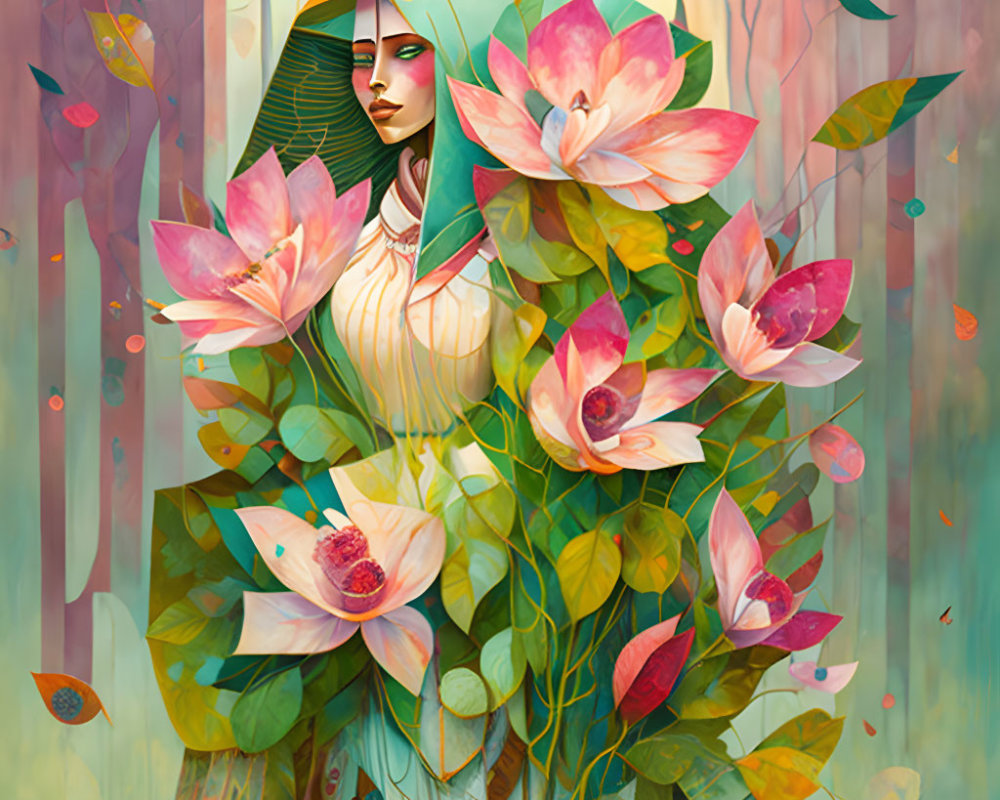 Surrealist portrait of woman with lotus flowers and forest backdrop
